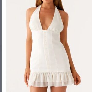 White Halter Mini Dress with Ruffle Hem